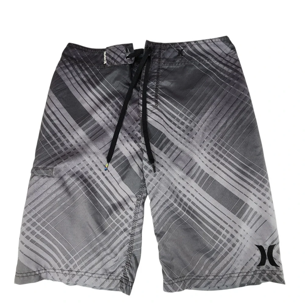 Hurley Board Short sz 30 Men Gray Abstract Plaid Swim Surfer Skater Beach Preppy